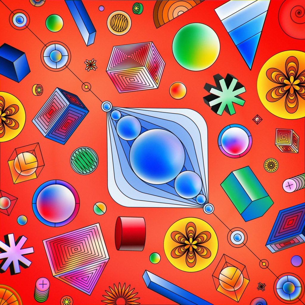 Vibrant abstract design featuring diverse geometric shapes on a red background.